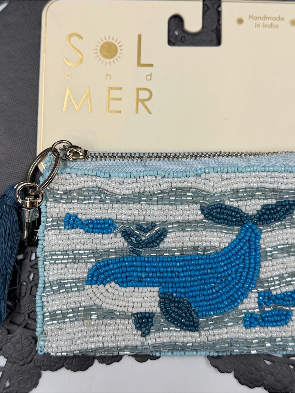 Sol and Mer Beaded Whale Coin Pouch - Blue & White